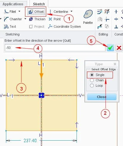 single offset tool in cre parametric sketch