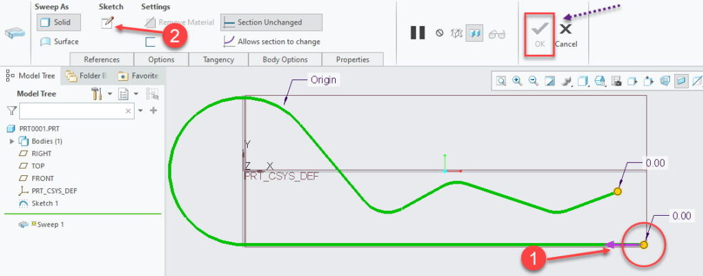 Trajectory selection and sweep section creation for sweep tool